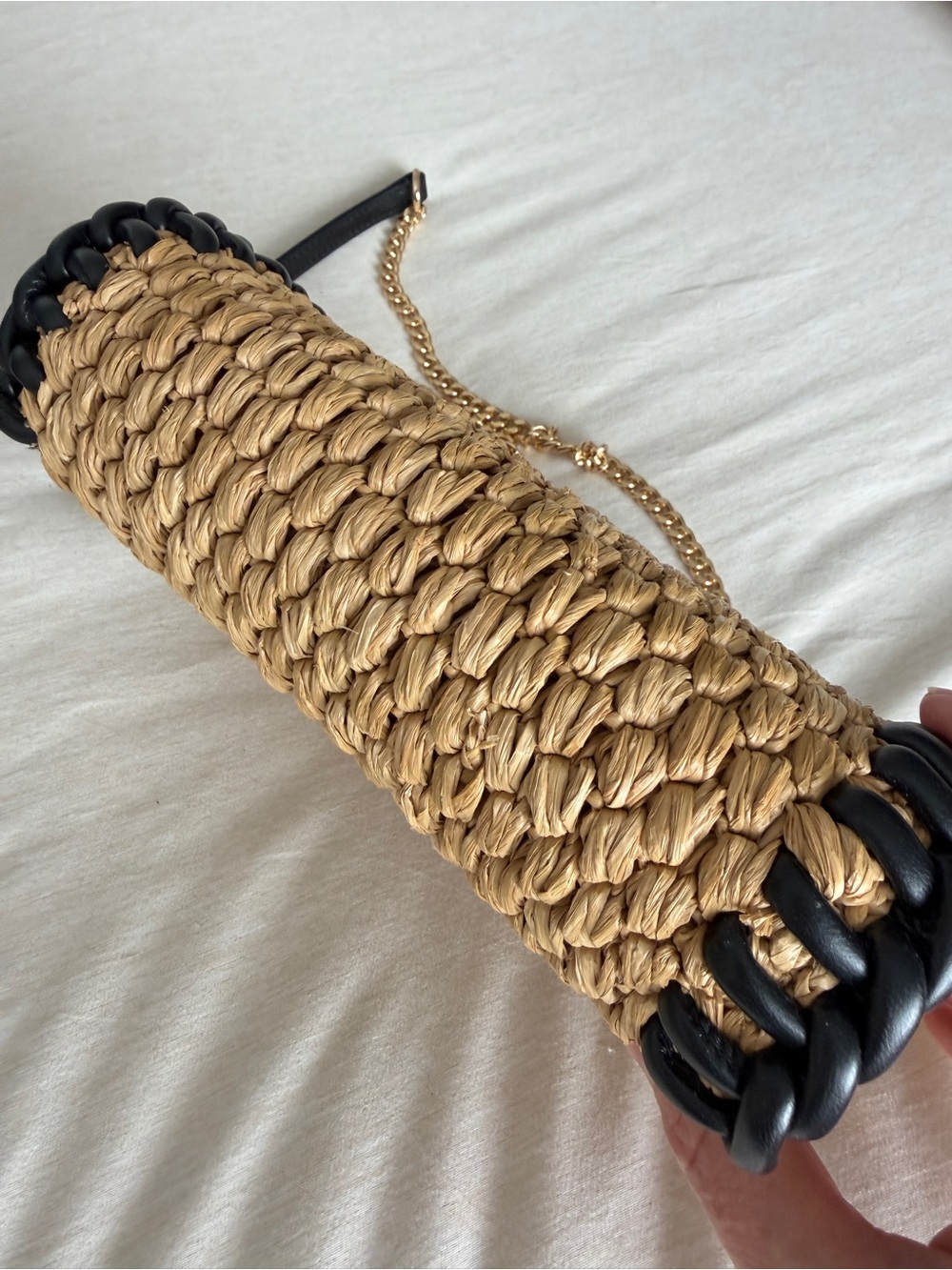 Tory Burch Tan Woven Crossbody with Black Trim and Gold Chain - Picture 5 of 8